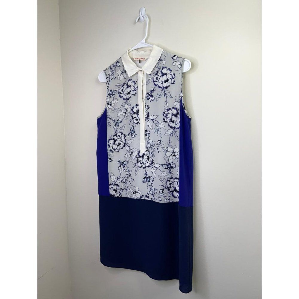 Rebecca Taylor Blue Color Block Floral 100% Silk Sleeveless Shirt Dress 4 - Picture 5 of 9